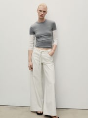 Mango Cream Wide Leg Tie Waist Jeans - Image 1 of 6