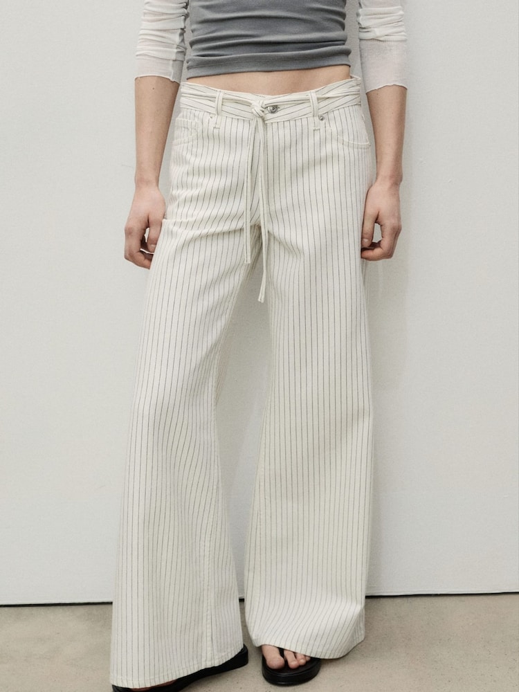 Mango Cream Wide Leg Tie Waist Jeans - Image 2 of 6