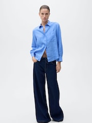 Mango Blue Straight Long Sleeve Linen Shirt - Image 1 of 6