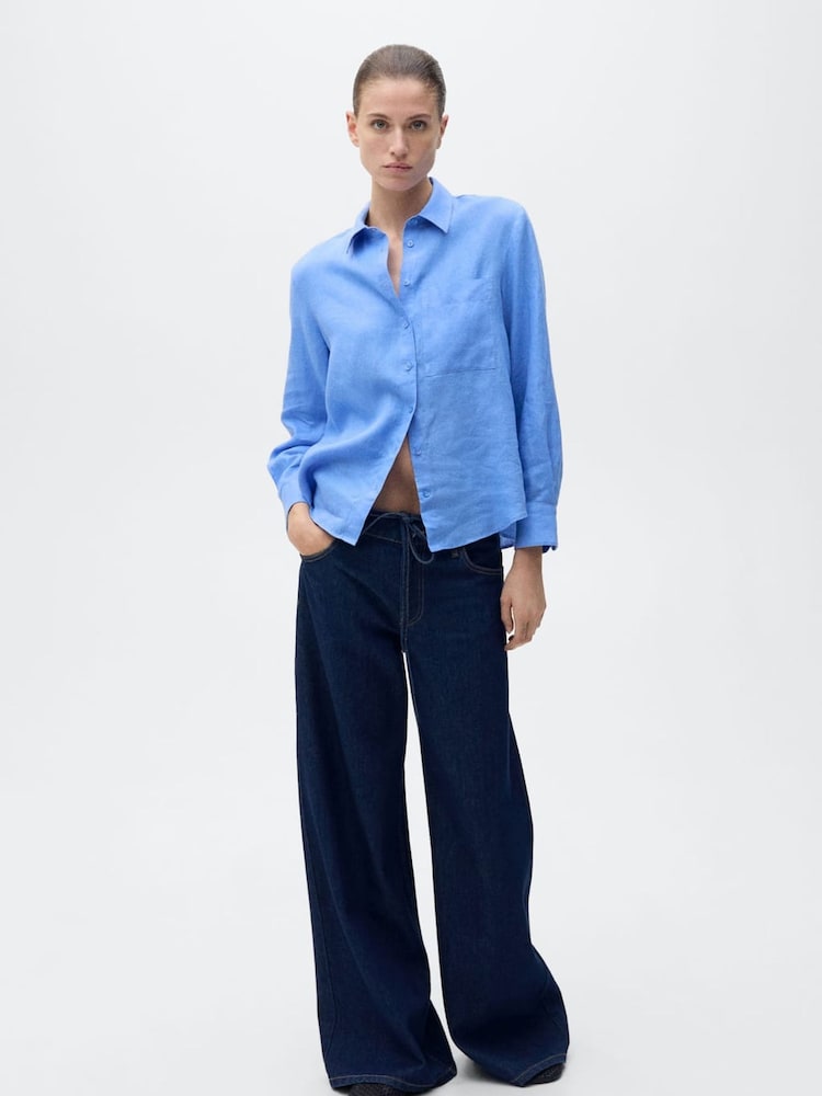 Mango Blue Straight Long Sleeve Linen Shirt - Image 1 of 6