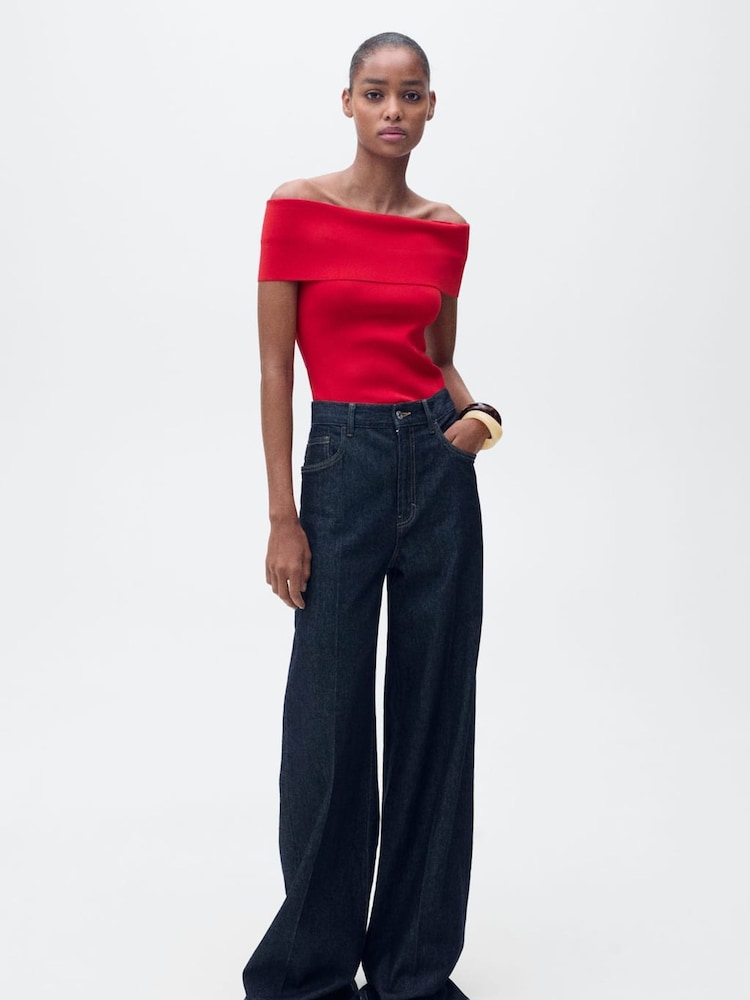 Mango Red Off Shoulder Knit Top - Image 1 of 6 Mango Red Off Shoulder Knit Top - Image 1 of 6