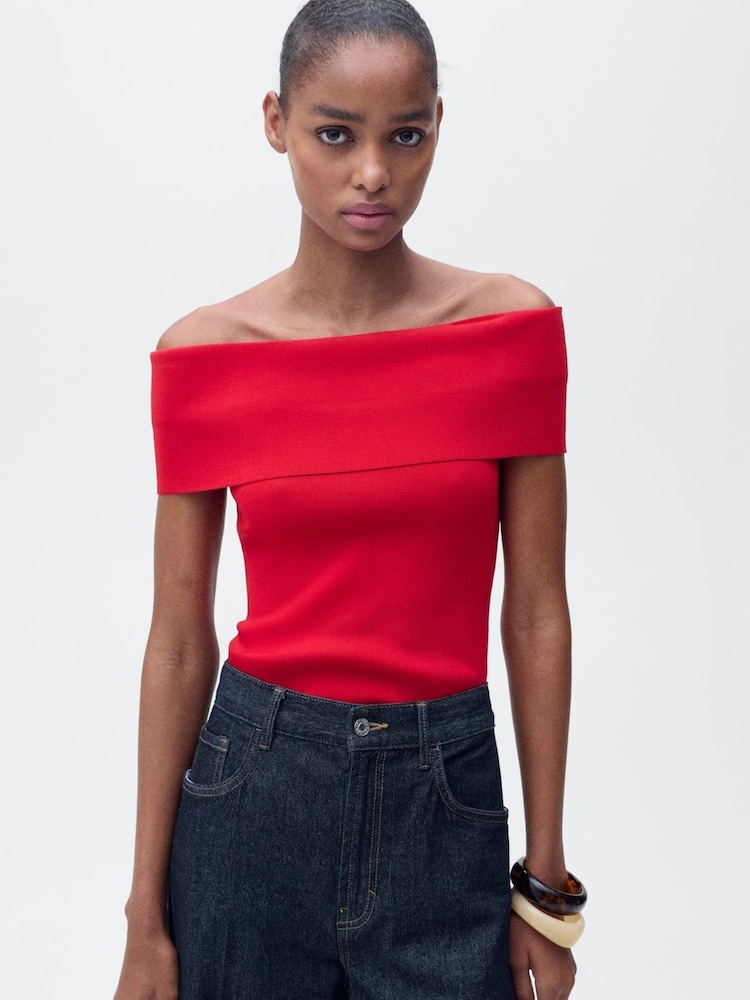 Mango Red Off Shoulder Knit Top - Image 2 of 6 Mango Red Off Shoulder Knit Top - Image 2 of 6