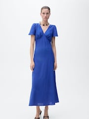 Mango Blue Linen Blend V-Neck Maxi Dress - Image 1 of 6