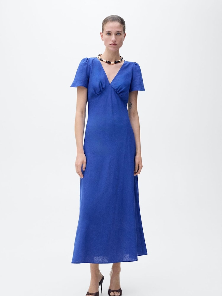 Mango Blue Linen Blend V-Neck Maxi Dress - Image 1 of 6