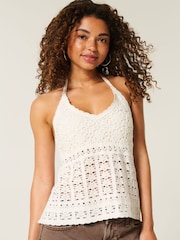 Hollister Knitted Crochet Halter Neck White Top - Image 1 of 4