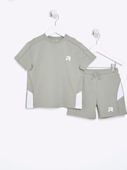 River Island Green Boys Block Piped T-Shirt and Shorts Set - Image 1 of 5