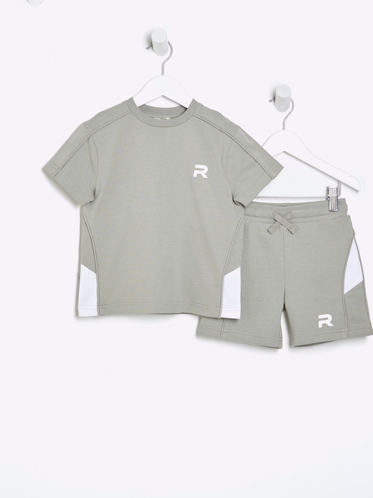 River Island Green Boys Block Piped T-Shirt and Shorts Set - Image 1 of 5