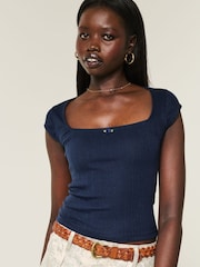 Hollister Blue Cotton Pointelle Square Neck Shirt Sleeve T-Shirt - Image 1 of 4