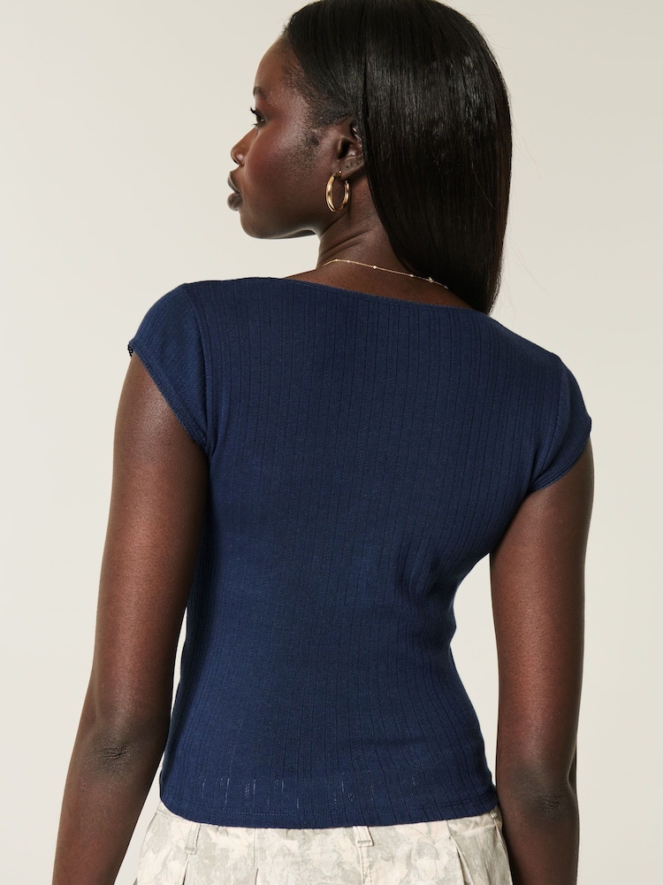 Hollister Blue Cotton Pointelle Square Neck Shirt Sleeve T-Shirt - Image 2 of 4