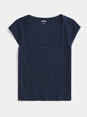 Hollister Blue Cotton Pointelle Square Neck Shirt Sleeve T-Shirt - Image 3 of 4