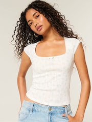 Hollister Cotton Pointelle Square Neck Shirt Sleeve White T-Shirt - صورة 1 من 5