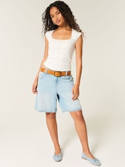Hollister Cotton Pointelle Square Neck Shirt Sleeve White T-Shirt - صورة 3 من 5