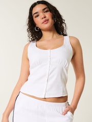 Hollister Scallop Edge Linen Blend Button Strappy White Tank top - Image 2 of 5