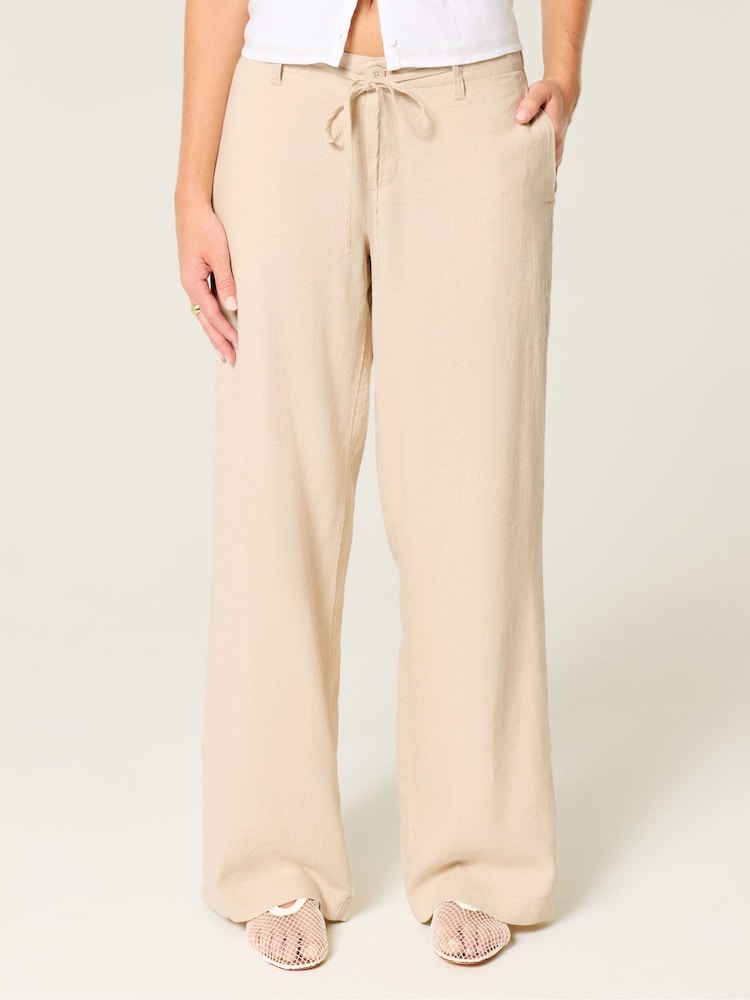 Hollister Cream Low Rise Linen Super Baggy Trousers - Image 1 of 4