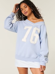 Hollister Blue V-Neck Cold Shoulder Graphic Sweatshirt - Image 3 of 5