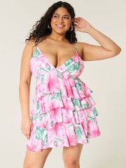 Hollister Pink V-Neck Open Back Ruffle Babydoll Mini Dress - Image 1 of 4