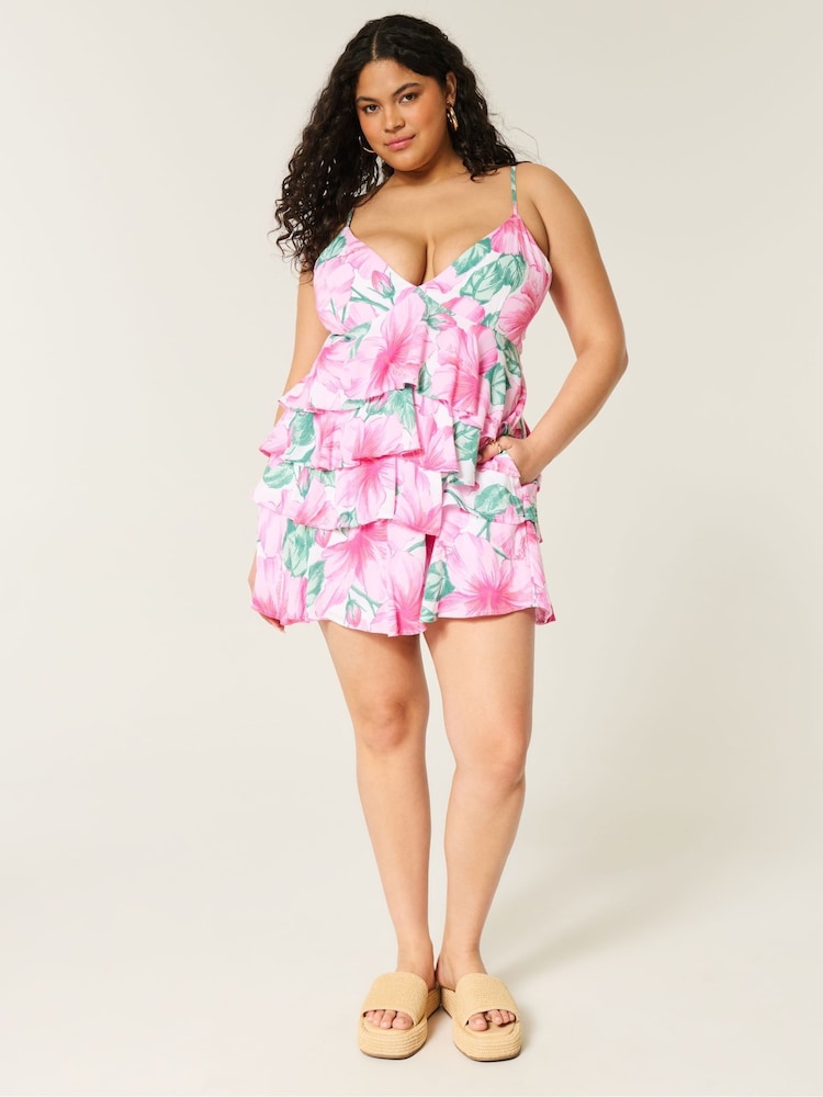 Hollister Pink V-Neck Open Back Ruffle Babydoll Mini Dress - Image 2 of 4