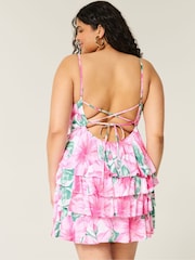 Hollister Pink V-Neck Open Back Ruffle Babydoll Mini Dress - Image 3 of 4