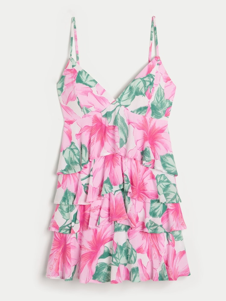 Hollister Pink V-Neck Open Back Ruffle Babydoll Mini Dress - Image 4 of 4