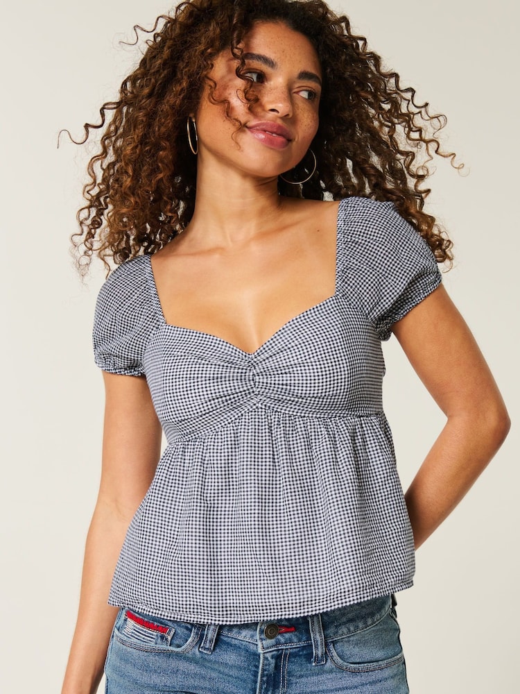 Hollister Blue Open Back Babydoll Puff Sleeve Peplum Top - Image 1 of 4