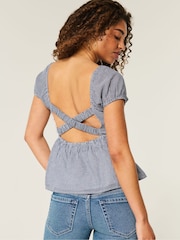 Hollister Blue Open Back Babydoll Puff Sleeve Peplum Top - Image 2 of 4