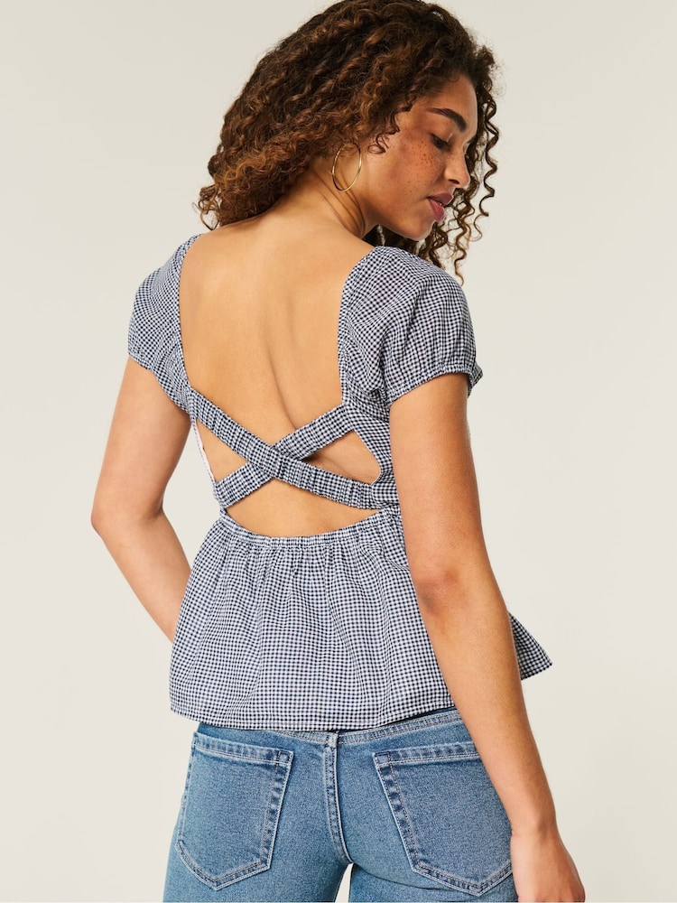 Hollister Blue Open Back Babydoll Puff Sleeve Peplum Top - Image 2 of 4