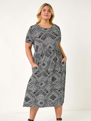 Roman Black Curve Paisley Print Stretch Midi Dress - Image 1 of 5