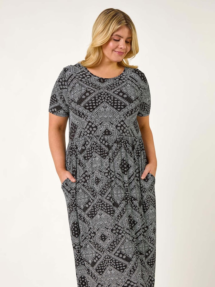 Roman Black Curve Paisley Print Stretch Midi Dress - Image 2 of 5