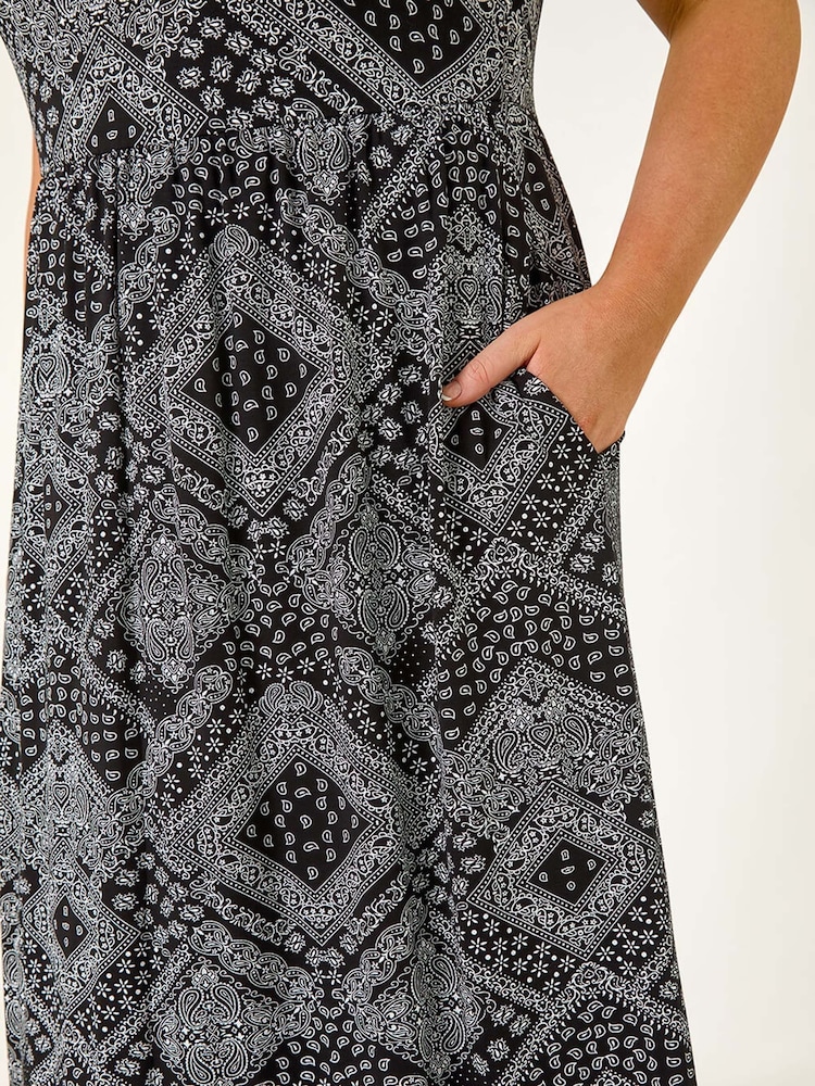 Roman Black Curve Paisley Print Stretch Midi Dress - Image 5 of 5