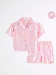 River Island Pink Girls Leopard Satin Pyjamas - Image 1 of 5