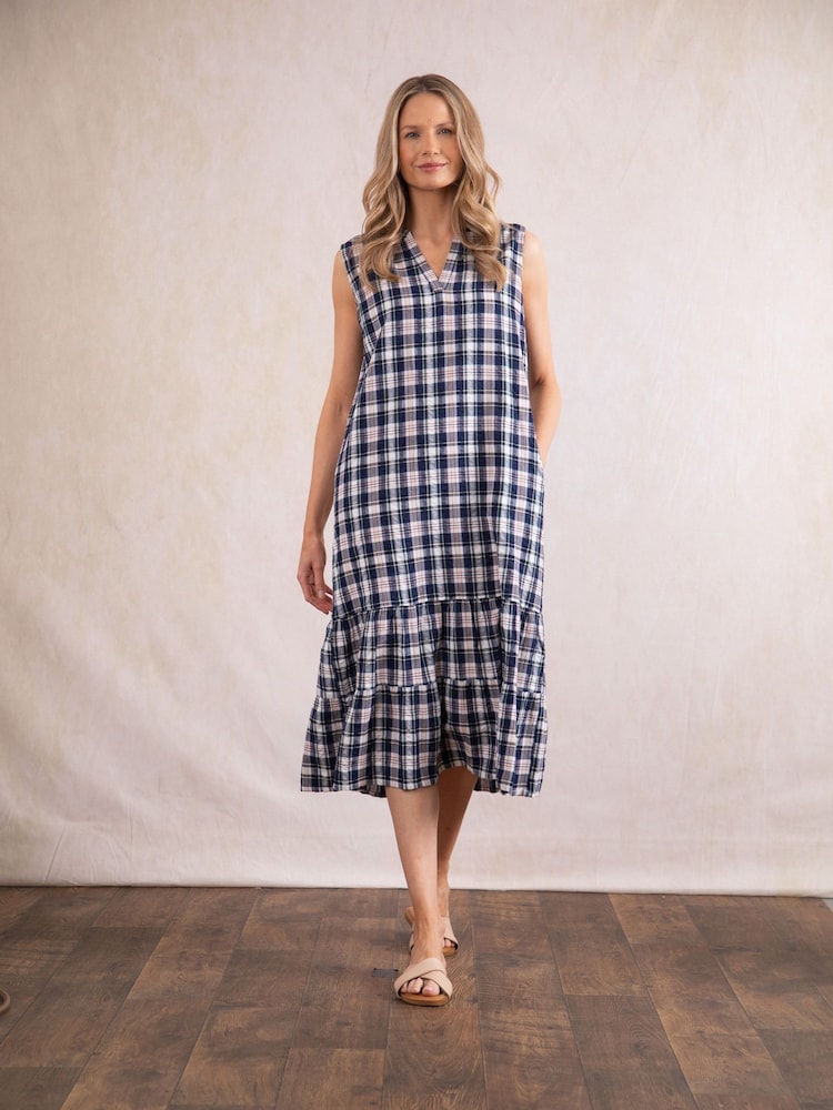 Lakeland Clothing Blue Fern Check 100% Cotton Midi Dress - Image 1 of 6