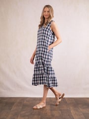 Lakeland Clothing Blue Fern Check 100% Cotton Midi Dress - Image 4 of 6