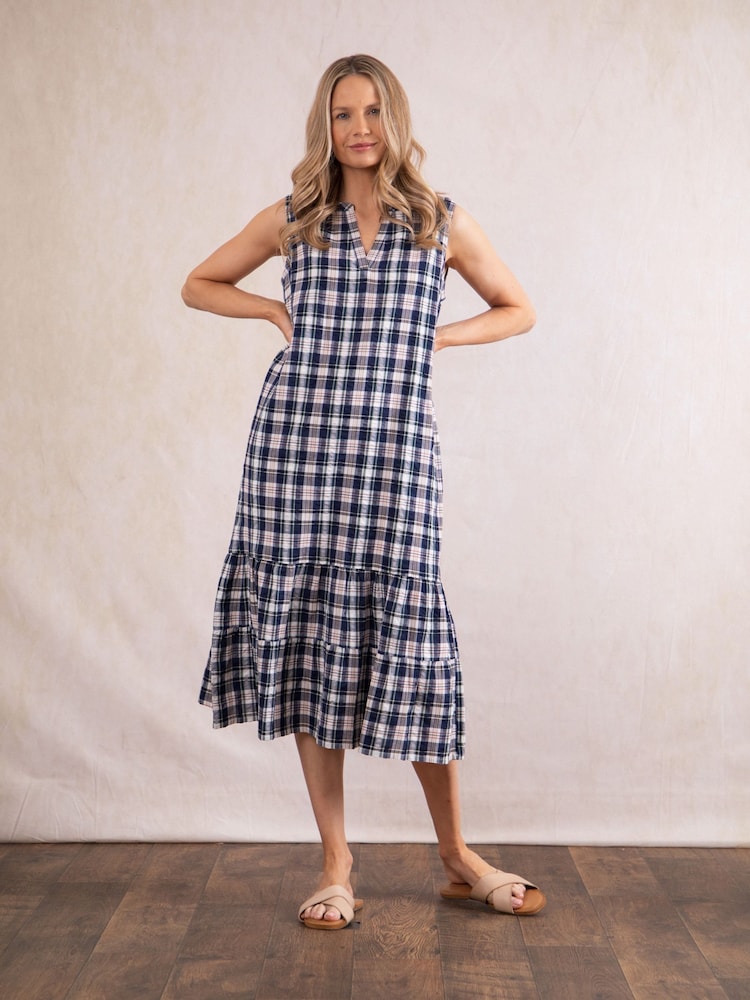 Lakeland Clothing Blue Fern Check 100% Cotton Midi Dress - Image 6 of 6