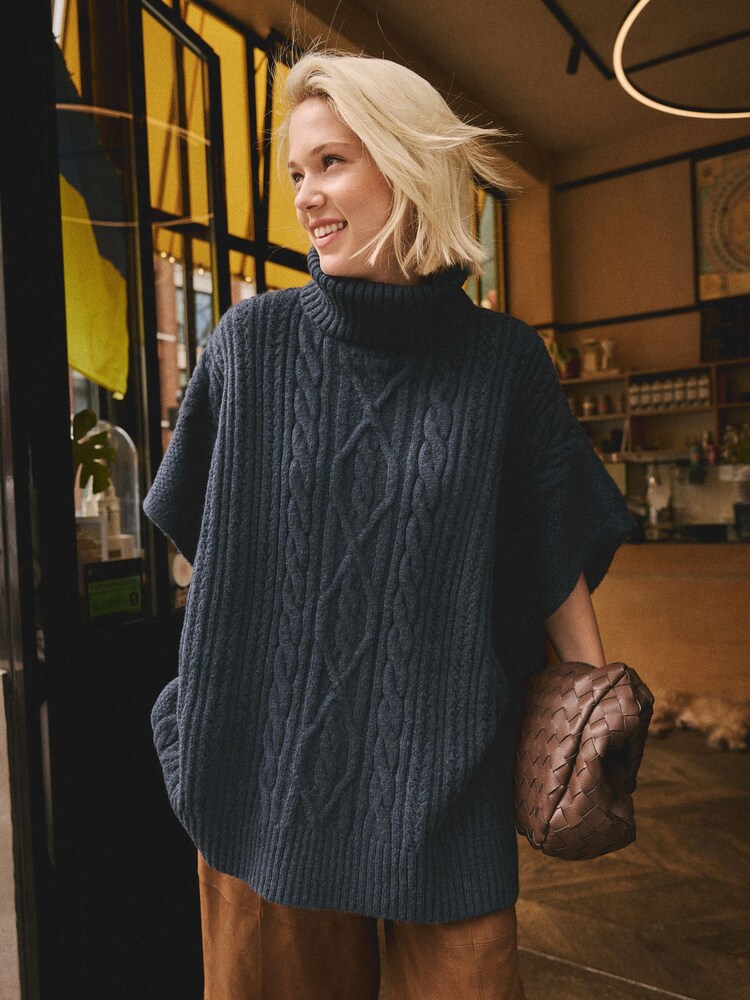 Navy Cable Roll Neck Poncho - Image 1 of 8 Navy Cable Roll Neck Poncho - Image 1 of 8