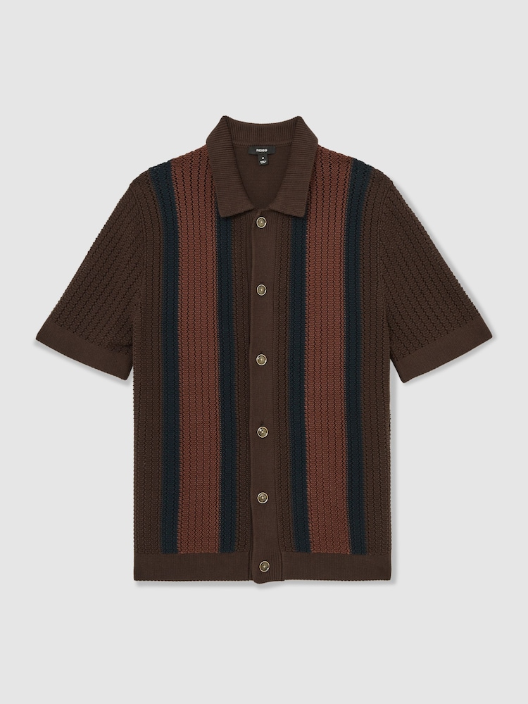 Reiss Brown Multi Bradley Cotton Textured-Knit Stripe Shirt - Image 2 of 6