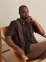 Reiss Brown Multi Bradley Cotton Textured-Knit Stripe Shirt - Image 3 of 6
