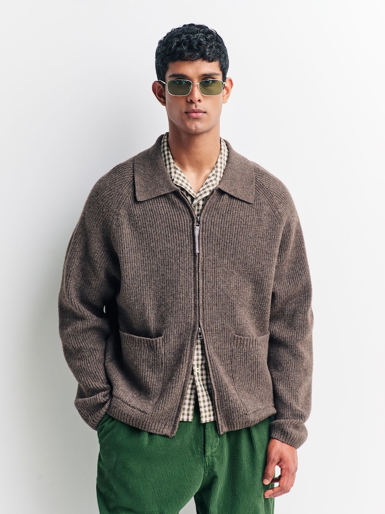 Universal Works Brown Zip Cardigan - Image 1 of 6 Universal Works Brown Zip Cardigan - Image 1 of 6