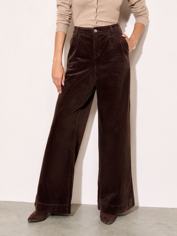 Friends Like These Brown Corduroy Pleat Front Wide Leg Trousers - Image 1 of 4