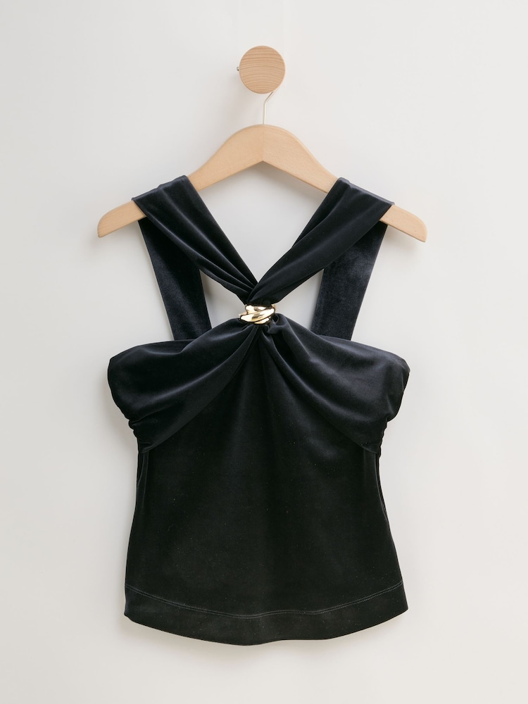 Womens Next Black Velvet Halter Neck Hardware Top US 16