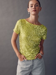 Lime Green Short Sleeve Slash Neck Sequin T-Shirt - Image 1 of 6