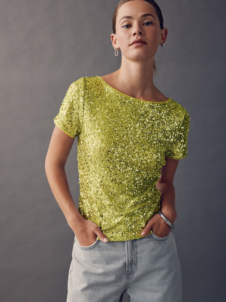 Lime Green Short Sleeve Slash Neck Sequin T-Shirt - Image 1 of 6
