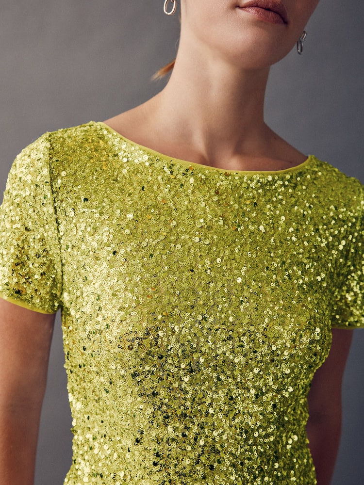 Lime Green Short Sleeve Slash Neck Sequin T-Shirt - Image 2 of 6