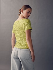 Lime Green Short Sleeve Slash Neck Sequin T-Shirt - Image 3 of 6
