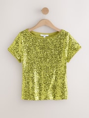 Lime Green Short Sleeve Slash Neck Sequin T-Shirt - Image 4 of 6