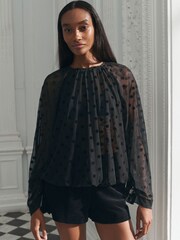 Black Polka Dot Batwing Long Sleeve Devore Blouse - Image 1 of 5