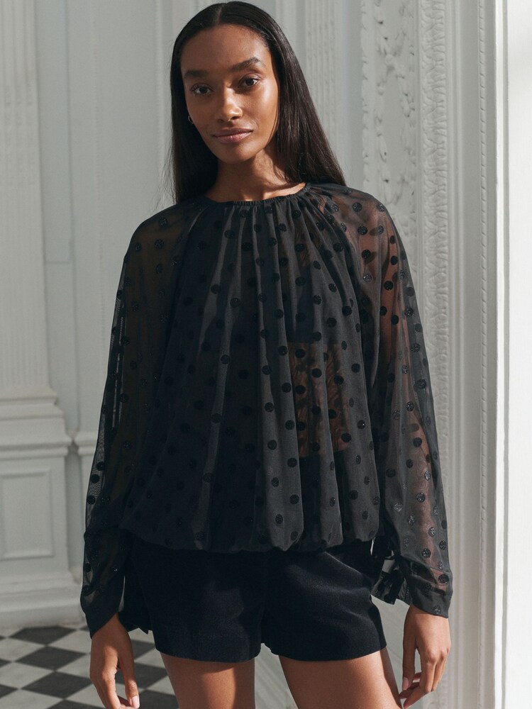 Black Polka Dot Batwing Long Sleeve Devore Blouse - Image 1 of 5
