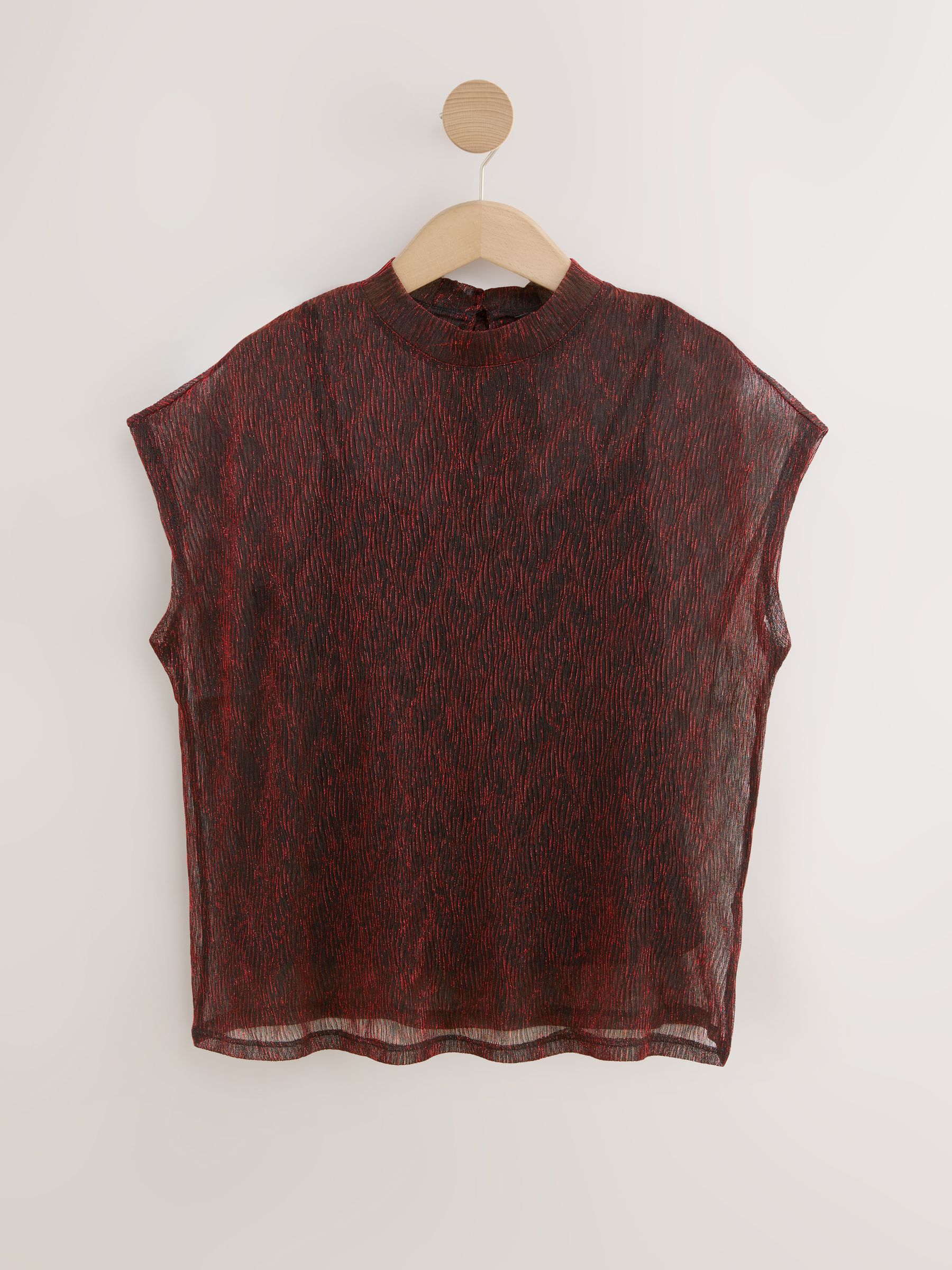 Buy Red/Black Metallic Sparkle Sheer Layer Cap Sleeve Top from