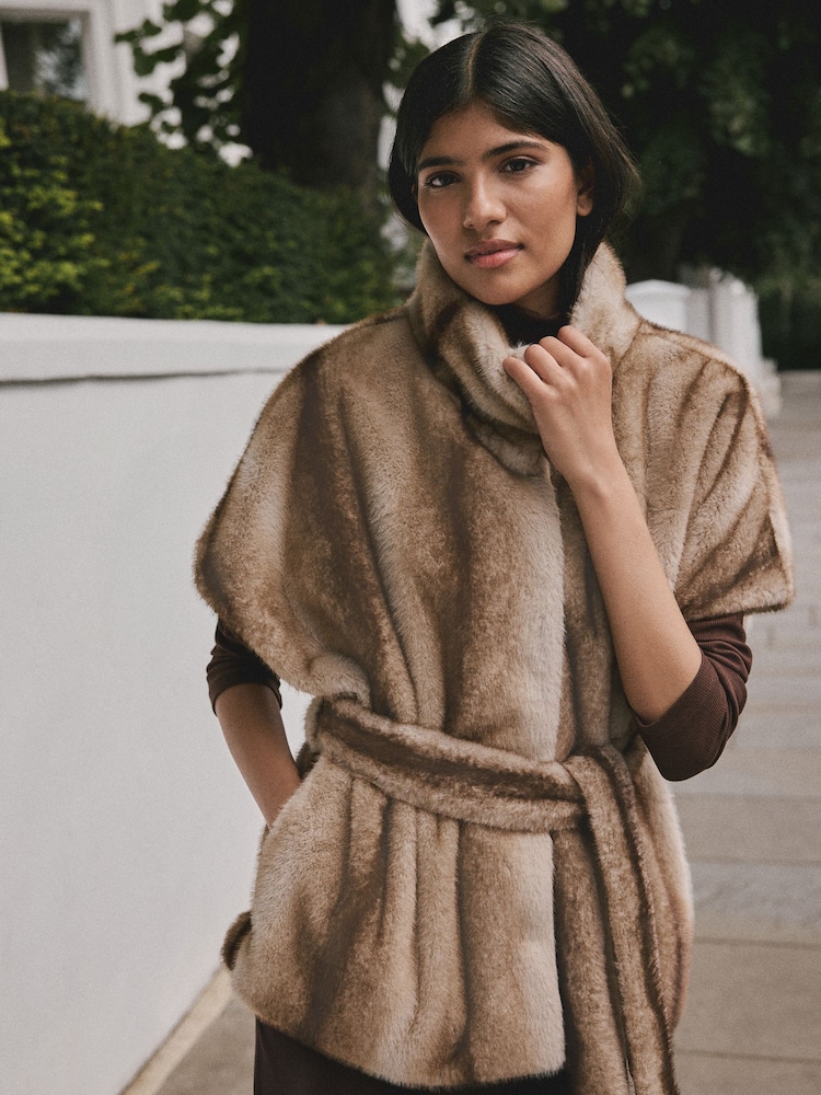 Camel Faux Fur Tie Waisted Gilet - Image 1 of 10