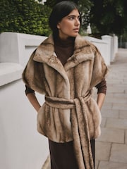 Camel Faux Fur Tie Waisted Gilet - Image 2 of 10