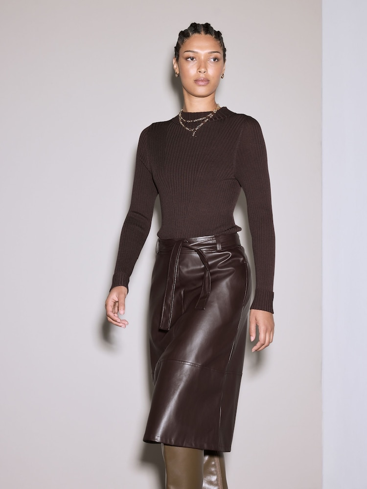 Buy Chocolate Brown Faux Leather Mix Tie Belt Midi Dress from Next USA Buy Chocolate Brown Faux Leather Mix Tie Belt Midi Dress from Next USA